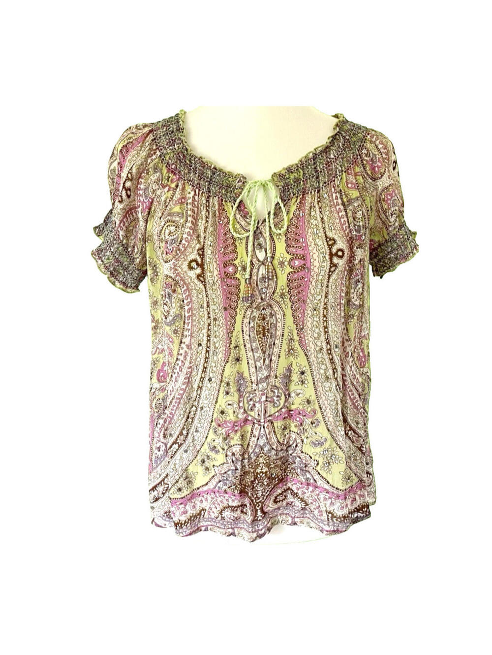 Bila sz‎ S green/purple paisley balloon sleeve boho blouse #3528